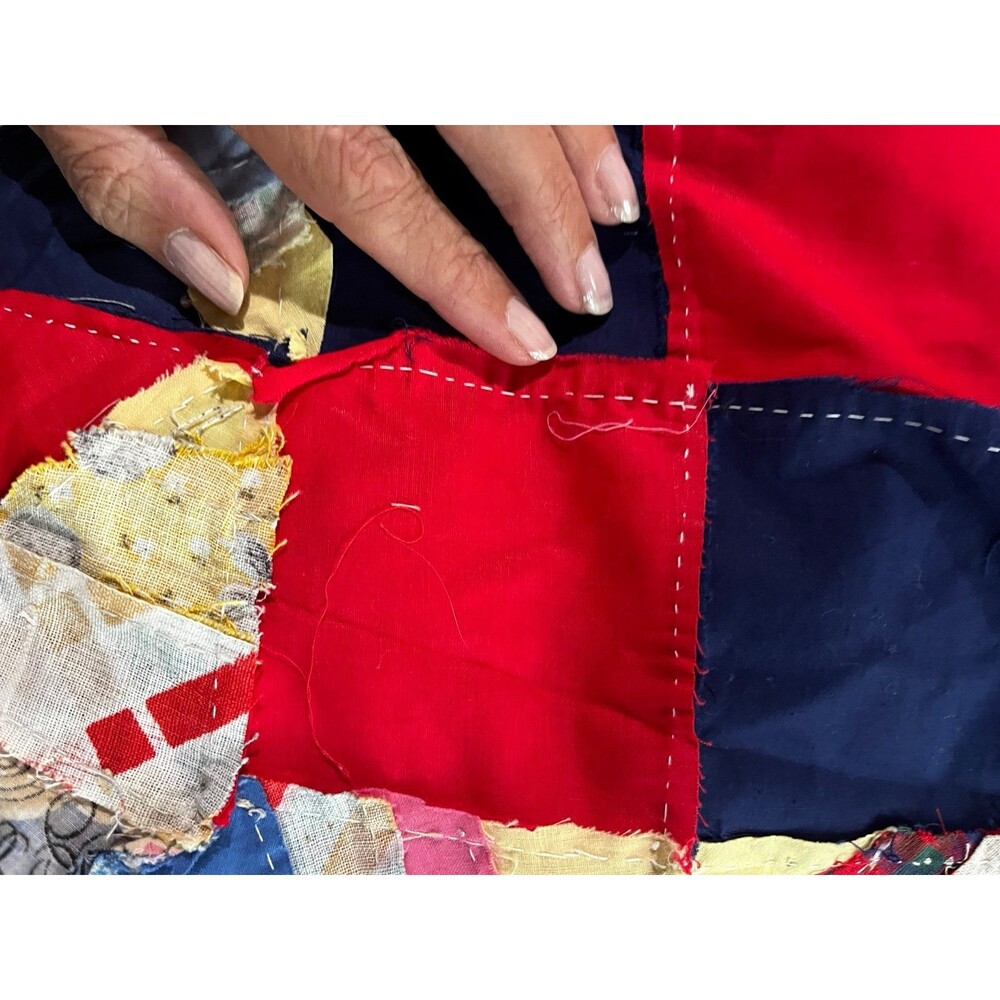 Vintage Handstitched Quilt Topper Red Navy Star Pattern Cottage core 82” x 71” - Picture 9 of 11